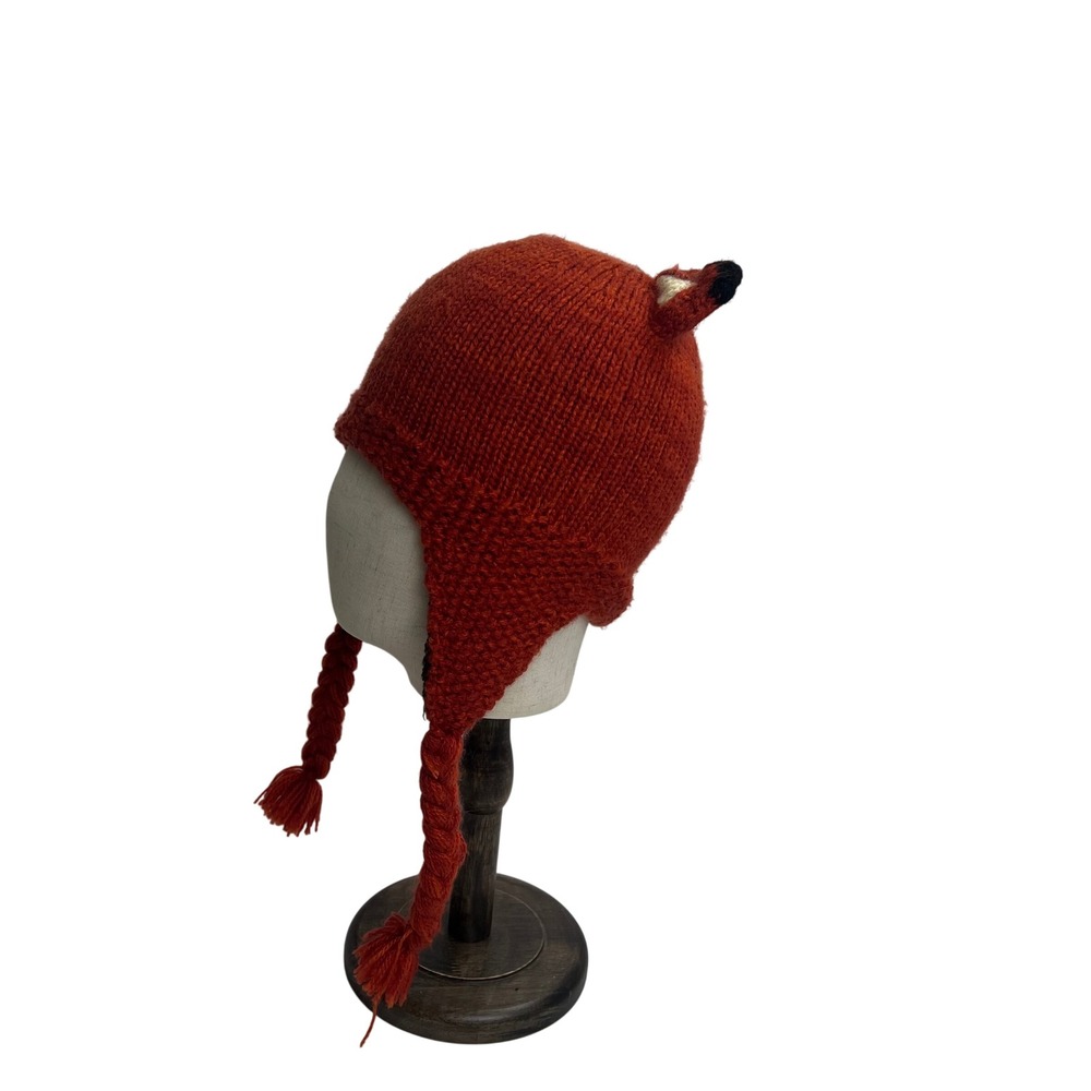 Andes Gifts Knitted Fox Hat with Braids Orange Alpaca Blend Youth Kids Adult - Picture 3 of 7